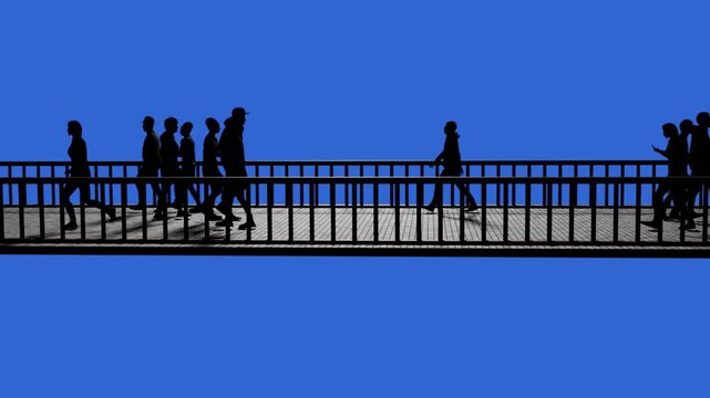 People crossing over bridge. Crowd walking across bridge. Phantoms traversing afterlife plane.
Blurred human silhouettes, group walks on bridge.
Dark figures moving over bridge.  3d animation render