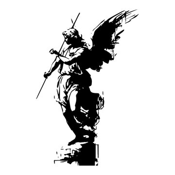 Statue of an angel holding a spear silhouette in distressed ink sketch style