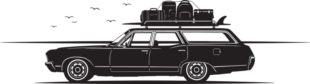 Vintage station wagon loaded with luggage and surfboards ready for a road trip.