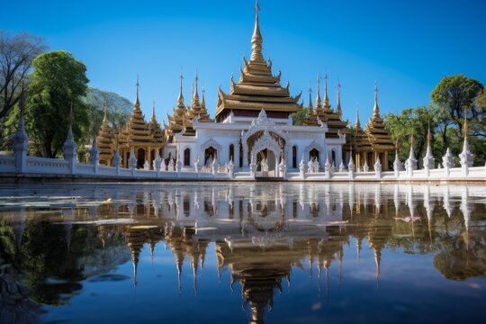 Kyauk taw gyi phaya temple showing golden spires and white architecture reflecting in calm water