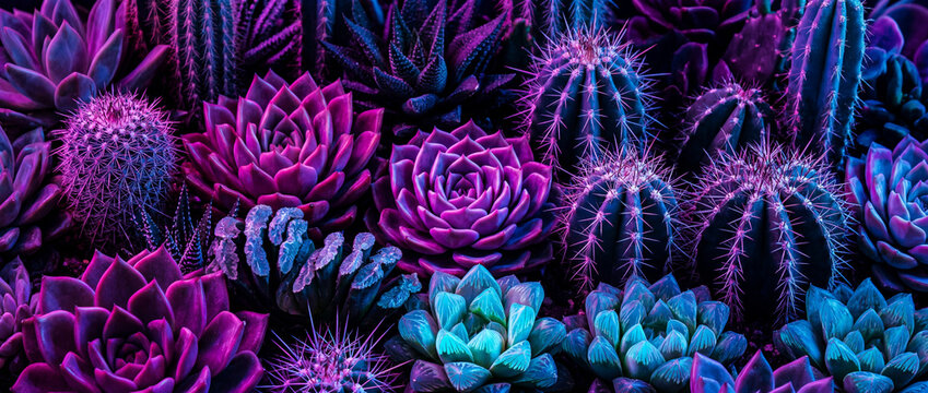dense desert succulents and cacti illuminated by vibrant neon pink and blue light, futuristic cyberpunk botanical closeup with exotic rosette plants and spiky cactus