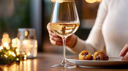 Naklejka premium Woman enjoying an intimate evening with a glass of crisp white wine and delicious stuffed dates, celebrating a special moment or relaxing during a festive dinner