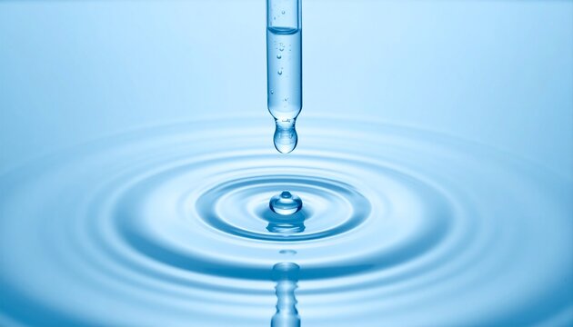 Glass serum dropper releasing liquid drop into water with ripples