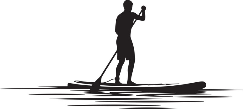 Silhouette of a man stand-up paddleboarding on calm water, black and white vector illustration for outdoor recreation, water sports, and summer activity designs.