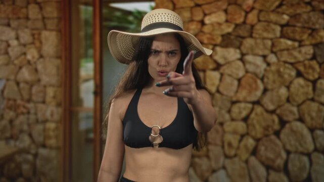 Woman in black bikini top and wide brim hat points finger forward at house entrance; anger defiance.