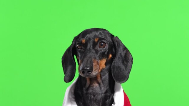 A dachshund dog looks around cutely with pitiful eyes against a green screen.