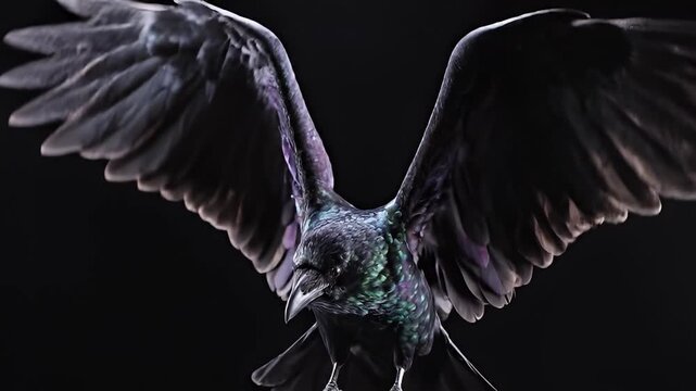 Iridescent crow or raven flying with wings spread against black