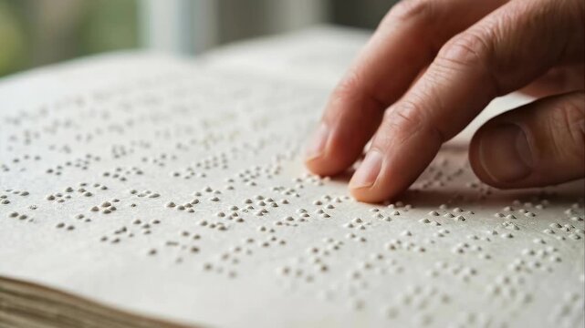 Close up of a blind person's hand reading braille text on a white page