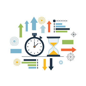 A colorful icon pack featuring a stopwatch, hourglass, and arrows for an education theme vector. Perfect for educational materials, presentations, and infographics