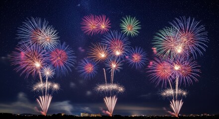 Fototapeta premium vibrant fireworks display in the night sky with colorful explosions of light and smoke trails visibl