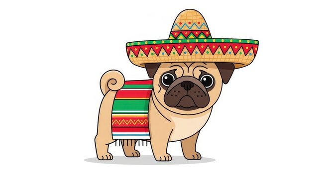 A cartoon pug dog wearing a sombrero and serape standing on white background looking cute and festiv