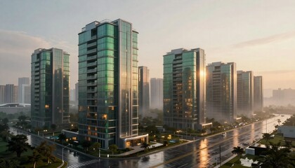 Fototapeta premium Modern glass buildings in an urban setting at sunset with warm light reflections shimmering across streets and facades.