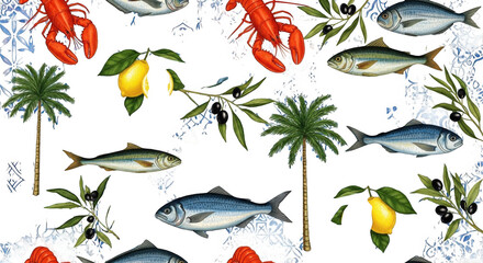 Obraz premium Seafood and tropical elements pattern isolated on transparent background