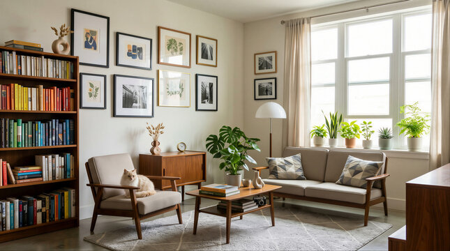 Cozy Vintage Living Room with Cat Sitting on Armchair and Nautical Art Gallery Wall