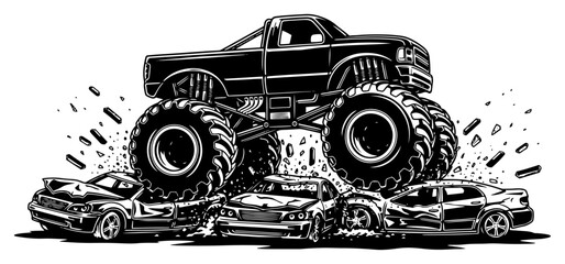 Monochrome vector illustration of a massive monster truck crushing cars beneath its giant tires © Wuszu