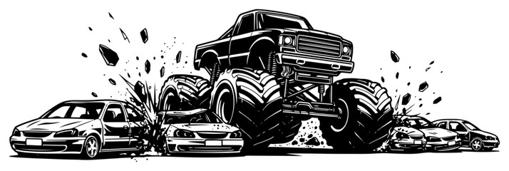Dynamic vector illustration of a monster truck driving over and smashing cars with flying debris © Wuszu