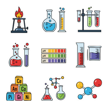 A colorful icon pack of education theme vector illustrations depicting laboratory equipment and chemistry symbols. Great for educational materials, science presentations, and academic