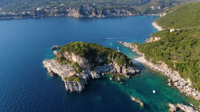 Aerial View of Limni Beach Glyko in Corfu Greece with Double Bay Turquoise Waters and Lush Green Hills