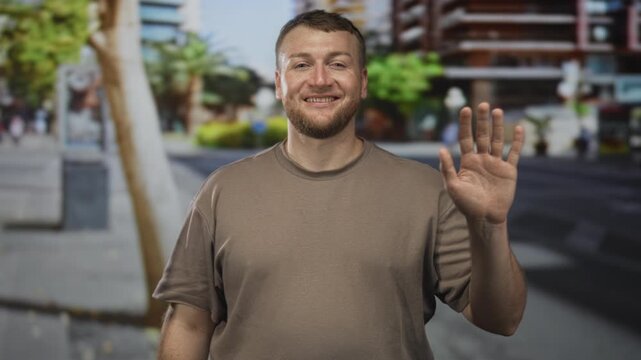 Young overweight man waving hand on busy city street, smiling and looking forward; friendly greeting.