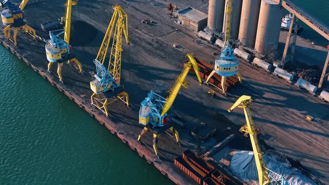 Row of yellow portal cranes at industrial cargo port. Top down aerial view of four yellow cranes on a concrete pier by turquoise water.