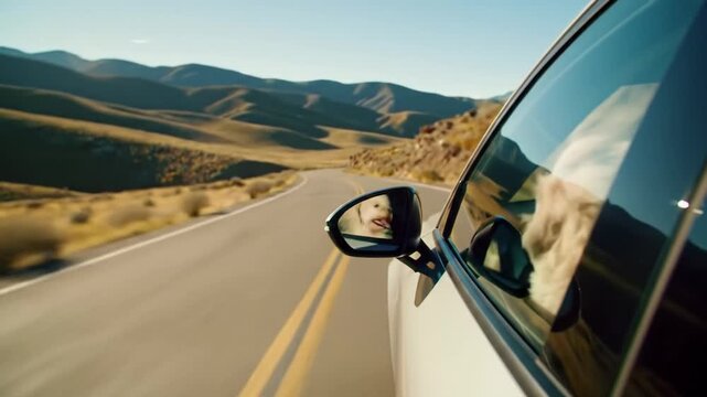 Cinematic tracking video from inside a modern car, a happy cream-colored fluffy dog leaning out, on a sun-drenched open road with winding mountains, golden hour sunlight. Concept of boundless freedom