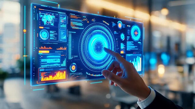 Hand interacting with futuristic digital interface