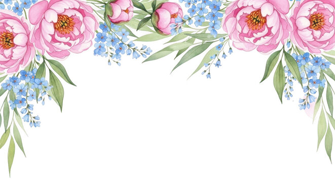 Floral border with pink peonies and blue flowers, isolated on transparent background