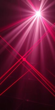 Abstract laser geometry pulses through strobing white and crimson spotlights ,  Dutch angle,  Laser