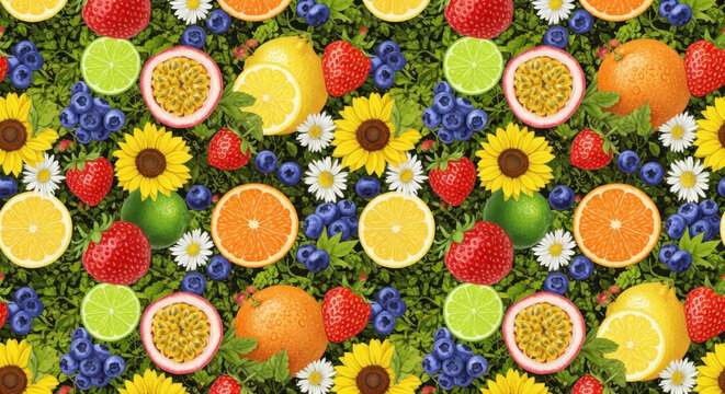 Colorful fruits and flowers pattern isolated on transparent background