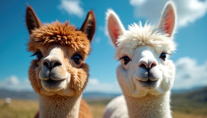 Obraz premium Two alpacas, one brown and one white, face camera outdoors against bright blue sky. Their fuzzy muzzles and curious eyes fill frame. Lovely farm animals look straight ahead.
