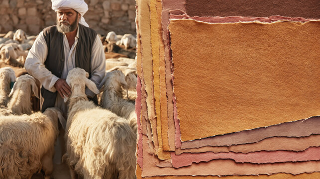 Elderly man tending sheep in vibrant landscape with traditional papers - Concept of Eid al-Adha  