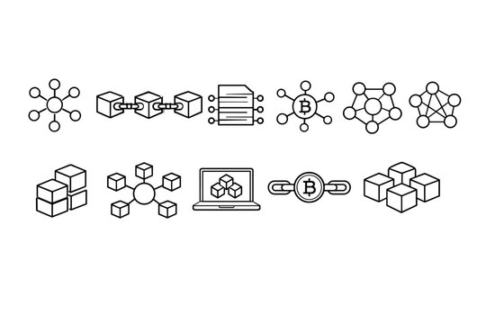Collection of blockchain and network icons representing distributed ledger technology and cryptocurrency