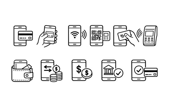 Collection of mobile payment icons showing various transaction methods and financial services