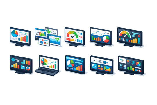 Collection of isometric digital screens displaying various data charts and graphs