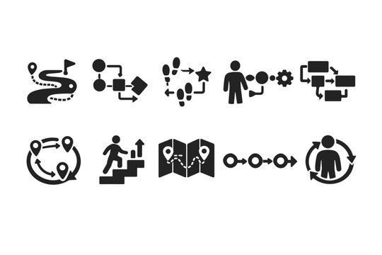 Collection of icons representing processes, journeys, and workflows in a clear, modern style