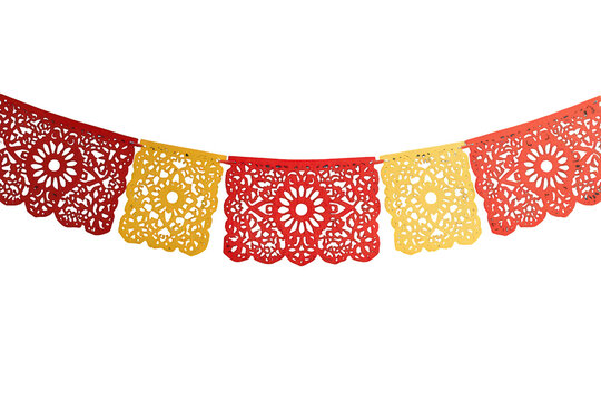 Papel picado banner with vibrant red and yellow colors showcasing intricate cut paper patterns for mexican holidays and parties