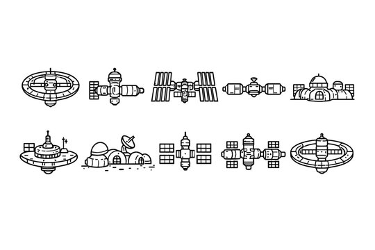 Collection of simple line art icons representing various space station designs and modules