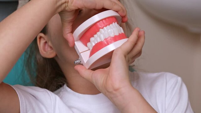 Little girl holding a dental model in front of her mouth while sitting in a dental chair with a light blue background and dental equipment visible. Slow motion footage