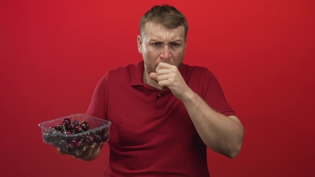 Young overweight man holding a plastic punnet of cherries coughs into fist in red studio; sickness discomfort.