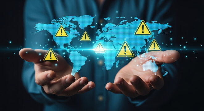 Geopolitical risks and instability in international relations. Assessing the impact of international conflict and trade war. Business person holding a world map and warning triangle icons. 