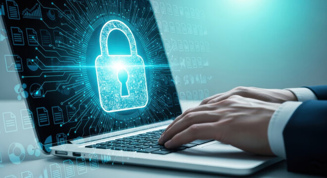 Information security and secure data encryption. Confidentiality protection and access control. Businessman using laptop computer with secure file management system