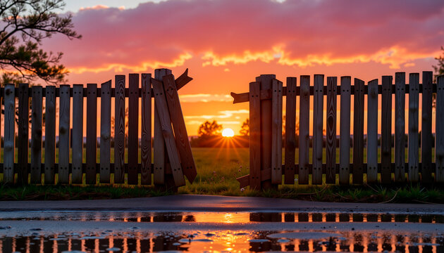 A broken wooden fence reflecting in a puddle offers a view against the backdrop of a sunset