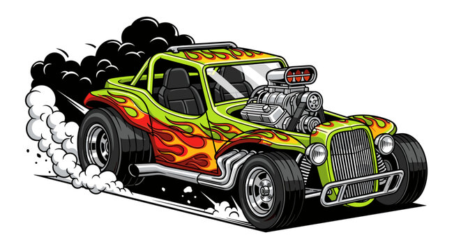 Powerful lime green custom hot rod buggy with vibrant flame graphics accelerating fiercely emitting thick black exhaust