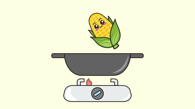 4k footage animation cute cartoon corn to popcorn raw corn seeds into an electric popcorn machine for cooking. Fresh popcorn, made in an industrial popcorn machine.