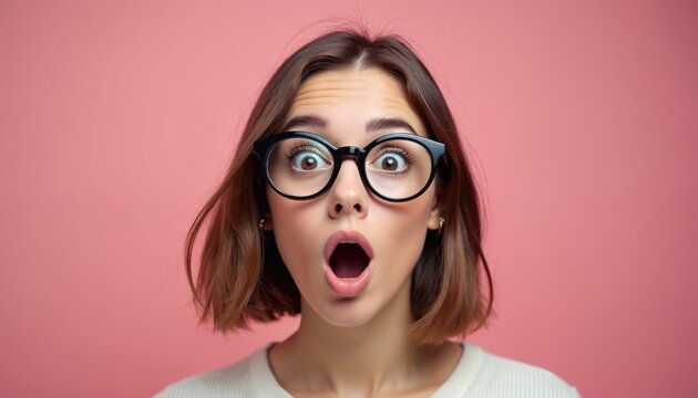 Young woman with big round glasses shows shock and surprise. Her mouth is open, eyes wide against pink backdrop. Short bob hair, makeup, and facial expression are visible.