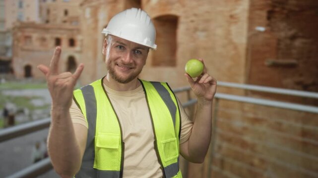 Man engineer in hardhat and hi vis vest holding green apple at roman building ruins by railing on building walkway, smiling and pointing with free hand; heritage pride.