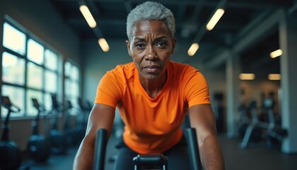 Fototapeta premium Mature woman with grey hair cycles intensely in a modern gym. She wears an orange shirt, focused on her workout. Other bikes are visible in the background.