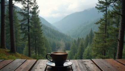 Naklejka premium Hot coffee cup steams on wooden table. Mist covers mountain forest valley. Evergreen trees stretch toward hazy sky. Peaceful morning beverage offers serene view.