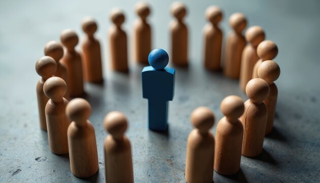Blue figure stands out from wooden figures in circle. Leader and team concept. One person separate from group. Represents individuality. Difference.