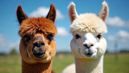 Obraz premium Two alpacas brown and white face camera. Domesticated mammals stand in sunny green field under blue sky. Animals have fluffy fur and look curious, friendly.
